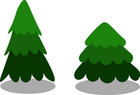 Set of two green christmas trees drawn in the cartoon style on transparent backgroundのイラスト素材