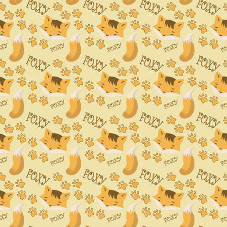 Seamless pattern with foxy tail and face on light yellow backgroundのイラスト素材