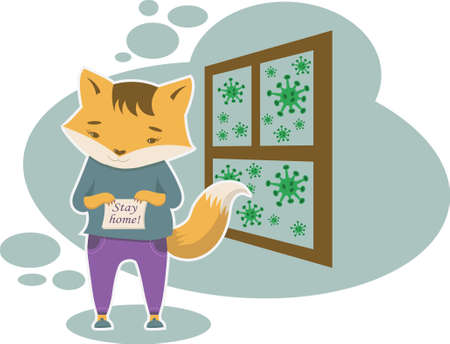 Colorful anticovid agitation in flat style with cute Foxy and virusesのイラスト素材