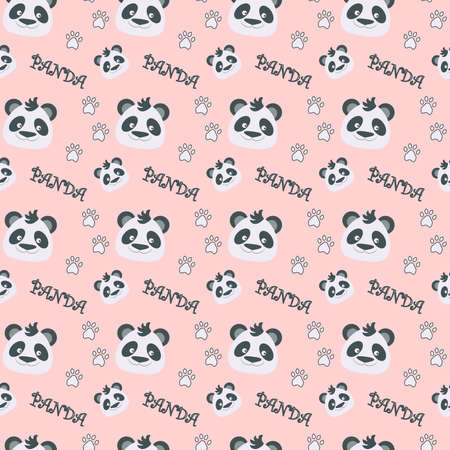 Seamless pattern with panda head and footprint on light pink backgroundのイラスト素材