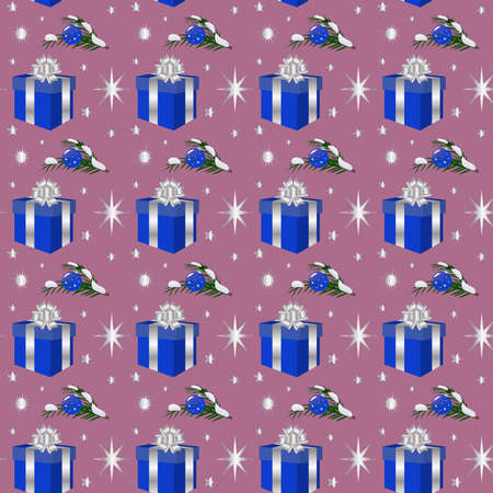 New Year and Christmas seamless pattern with gift box and decorated branchのイラスト素材