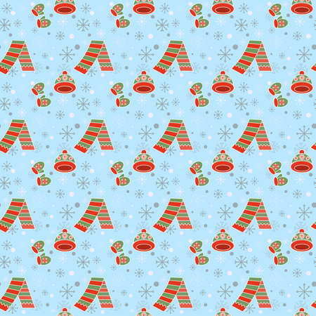 Cute winter clothes mittens, scarf, hat on light blue backgroundのイラスト素材