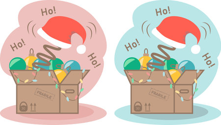 New Year and Christmas composition with box full of decoration and Santa's hatのイラスト素材