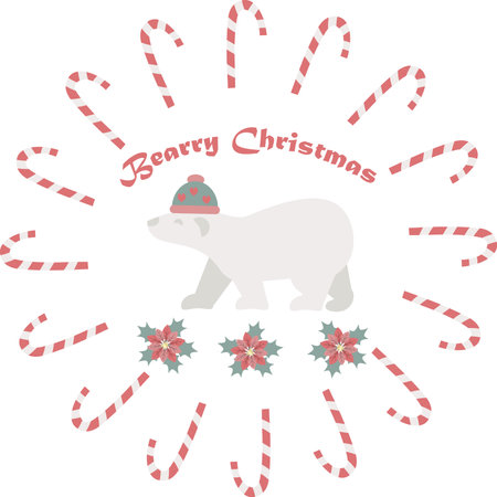 New Year and Christmas composition with polar bear, candy canes and poinsettiaのイラスト素材