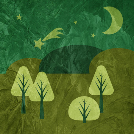 Flat night landscape with moon, stars, comet and textured backgroundの写真素材