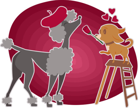 Valentin's day greeting card with poodle and chihuahua fall in loveのイラスト素材
