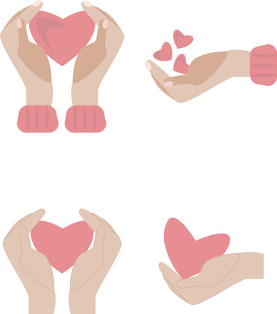 Set of Valentines day icons with hands and hearts in flat styleのイラスト素材