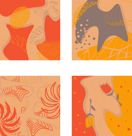 Set of editable social media square background templates  . Abstract vector banners in organic colors yellow red beige grayのイラスト素材