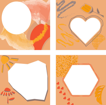 Set of editable social media square frames and borders templates  . Abstract vector banners in organic colors yellow red beige grayのイラスト素材