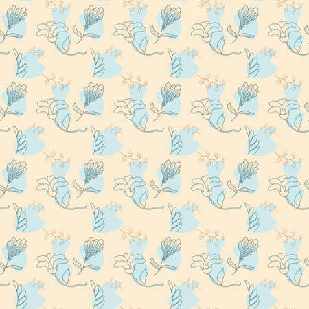 Seamless pattern with outline botanical doodles and light blue shapes on beige backgroundのイラスト素材