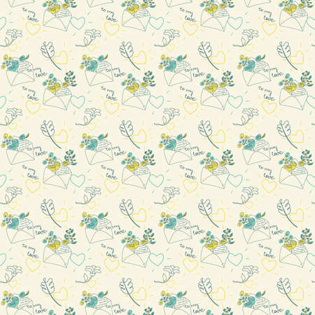 Seamless pattern with abstract composition of flowers in envelope drawing in minimal outline style on beige backgroundのイラスト素材