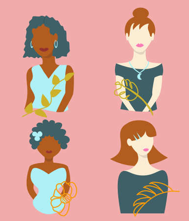 Icons set with black and white women portraits drawn in abstract style with floral elementsのイラスト素材