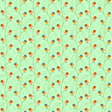 Seamless pattern with abstract birds on the branches on a square light green backgroundのイラスト素材