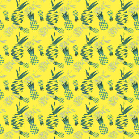 Seamless pattern with abstract composition of pineapples drawing in minimal outline style on a yellow backgroundのイラスト素材