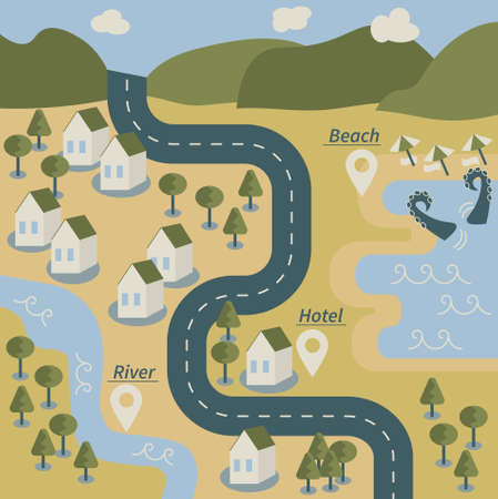 Cartoon vector map in flat style drawn with landmarks, mountains, road, sea, river, forest and housesのイラスト素材