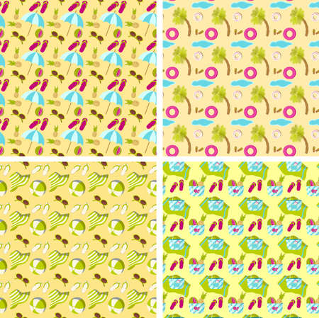 Set of summer beach seamless patterns on a yellow sand backgrounds with umbrella, palm tree, flip flops, sun hat and bagの写真素材