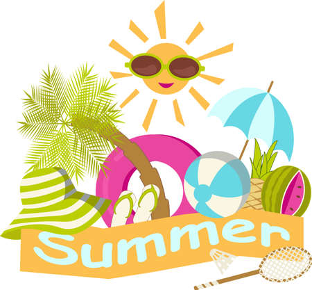 Isolated transparent summer compositions with beach accessories and sun drawn in a cartoon flat styleのイラスト素材