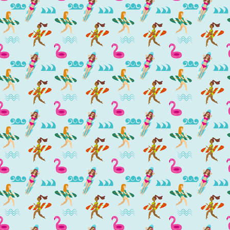 Seamless pattern with waves, surfing white and black girls and pink plastic flamingo on a light blue backgroundのイラスト素材
