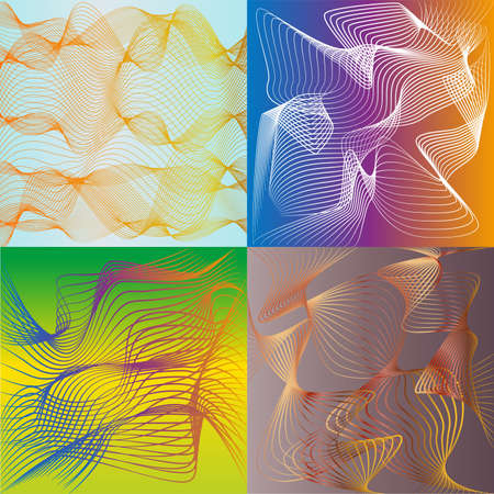 Set of abstract colored curved patterns with 3D effect drawing in retro style with gradient backgroundsのイラスト素材