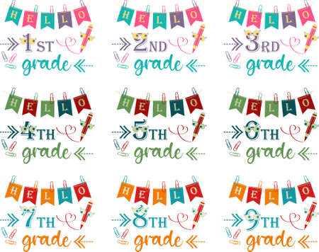 Set of compositions with hello school typography with funny pen isolated on a transparent backgroundのイラスト素材