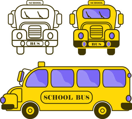 Clipart set with school bus drawing in outline and flat styleのイラスト素材