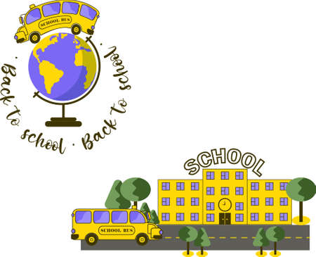 Set of two compositions with funny yellow school bus, school building, globe and typography isolated on transparent backgroundのイラスト素材