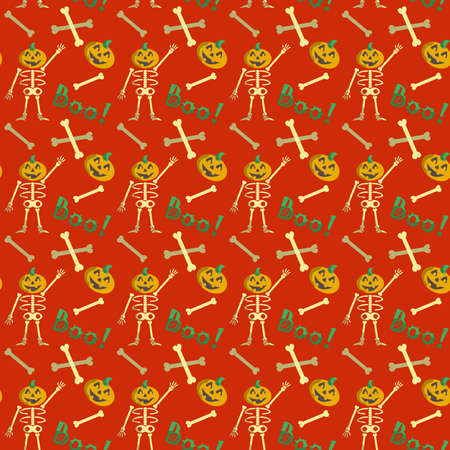 Seamless pattern cute Halloween skeleton pumpkin head and boo typography on red backgroundのイラスト素材
