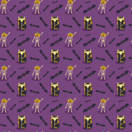 Seamless pattern Halloween party with pumpkin head Skeleton and Dracula among evil batsのイラスト素材