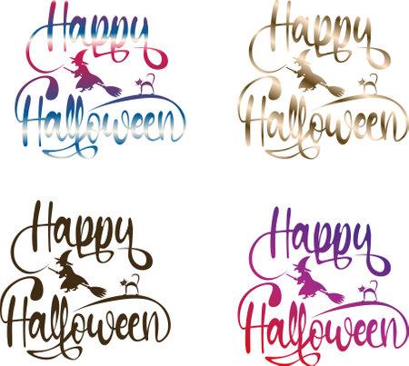 Set of Happy Halloween typography with flying witch cat and gradientのイラスト素材