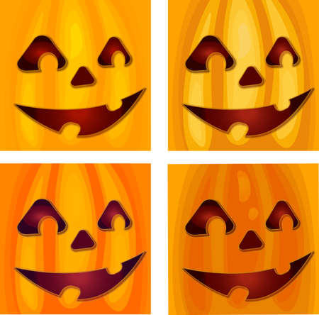 Set of four smiling Halloween pumpkin faces square backgrounds. Carved pumpkinのイラスト素材