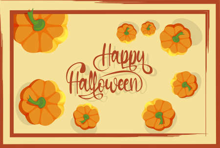 Composition with Halloween greeting card with pumpkins in frame and typography flat designのイラスト素材