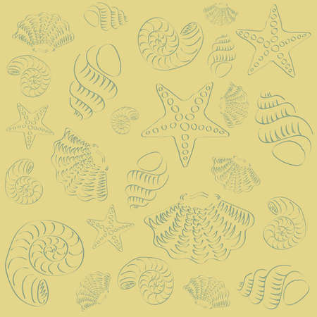 Pattern with hand drawing sea creatures shells and starfish in outline styleのイラスト素材