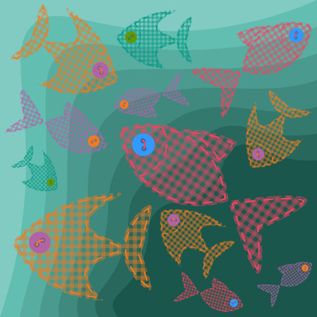 Square background with cute handmade fishes with checkered texture and buttonsのイラスト素材