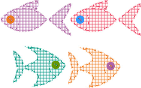 Set of cute handmade fishes with checkered texture and buttonsのイラスト素材