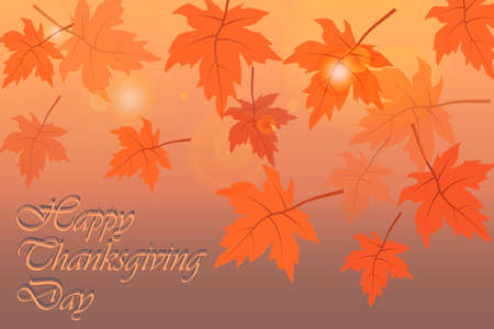 Vector Thanksgiving day greeting card with maple leaves bokeh and letteringの写真素材