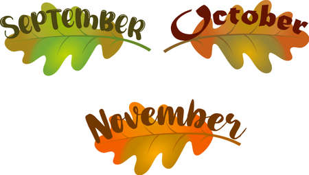 Lovely composition with gradient colored oak leaves and typography of autumn months namesのイラスト素材