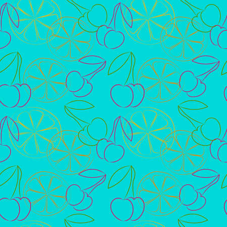 Seamless pattern with fruits cherries and lemon drawing in outline styleのイラスト素材