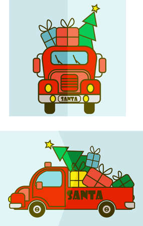 Santa Claus brings on his red car presents and Christmas tree side and face viewのイラスト素材
