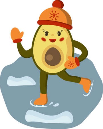 Smiling little avocado girl in hat and mittens on ice skates wintertime compositionのイラスト素材