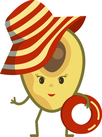 Funny summer character avocado beach girl in sun hat with swim ringのイラスト素材