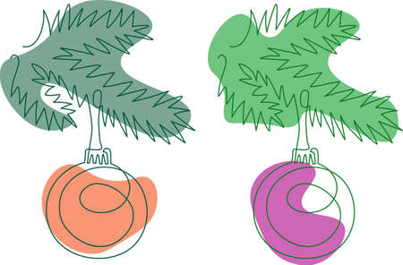 Christmas tree branch of pine, fir, spruce, with ball drawing in outline styleのイラスト素材
