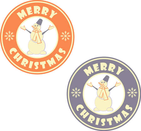 Set of two circle badges with snowman and greeting text Merry Christmasのイラスト素材