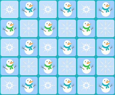 Winter seamless pattern on blue checkered background with snowman and snowflakeのイラスト素材