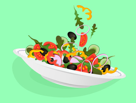 Vegetarian salad plate with onion, radish, cucumber, olive, tomato, arugula on a green backgroundのイラスト素材