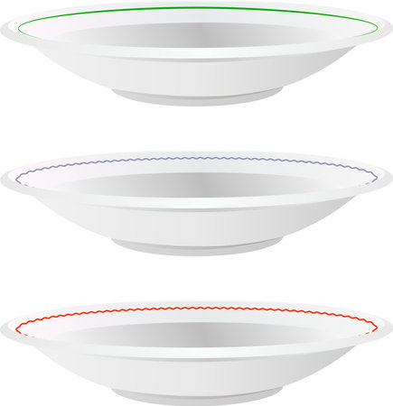 Set of white plates with different decoration isolated drawing in flat style on a transparent backgroundのイラスト素材