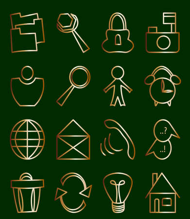 Set of minimal isolated icons drawing in flat style and colored in golden gradientのイラスト素材
