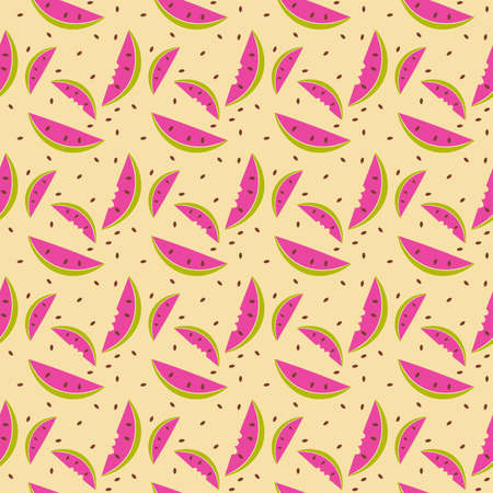 Seamless pattern with fresh watermelon slices and seeds on yellow sand backgroundの写真素材