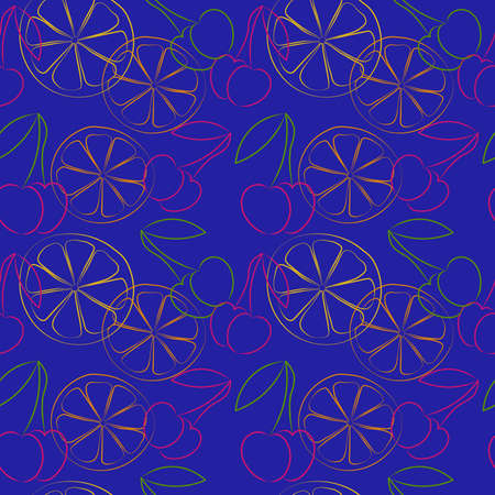 Seamless pattern with fruits cherries and lemon drawing in outline styleの写真素材