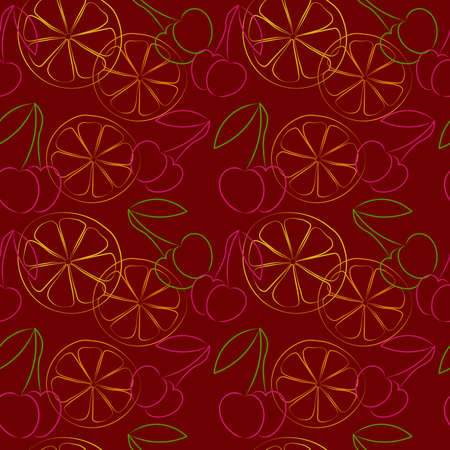 Seamless pattern with fruits cherries and lemon drawing in outline styleの写真素材