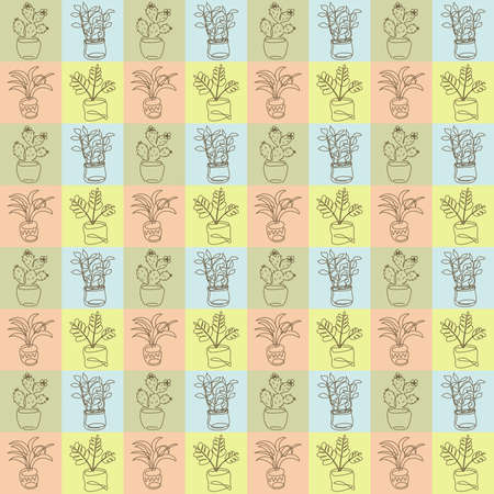 Seamless pattern with pale squares and home plants drawn in outline styleの写真素材